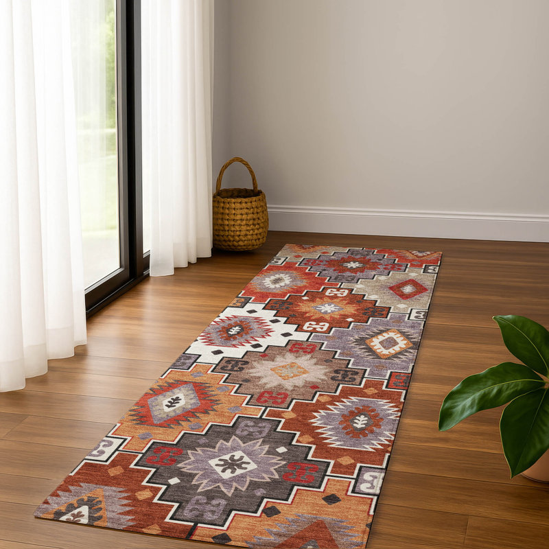 Premium Machine Washable Mayfield  Ethnic Rug, 2'3" x 7'6" Runner, Paprika