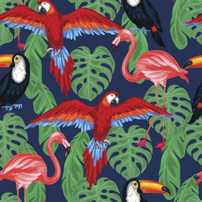 Tropical Birds With Palm Leaves - Wrapped Canvas Painting, 30cm H x 30cm W