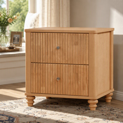 Ensemble de 2 tables de chevet cannelées, table d'appoint avec 3 tiroirs, table de chevet en bois de style moderne du milieu du siècle avec poignée en métal, table de chevet en bois pour chambre à coucher ou salon, couleur naturelle
