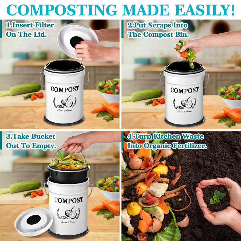 White 1.0 Gallon Metal Kitchen Compost Bin with Lid