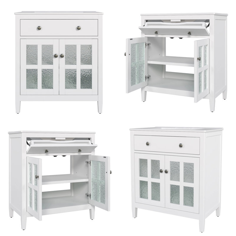 Meuble-lavabo à pieds courbés 30 po avec plateau basculant - porte en verre texturé à fermeture en douceur, évier en céramique 5,25 po, boutons argentés. Rangement prêt pour le spa pour petite salle de bain