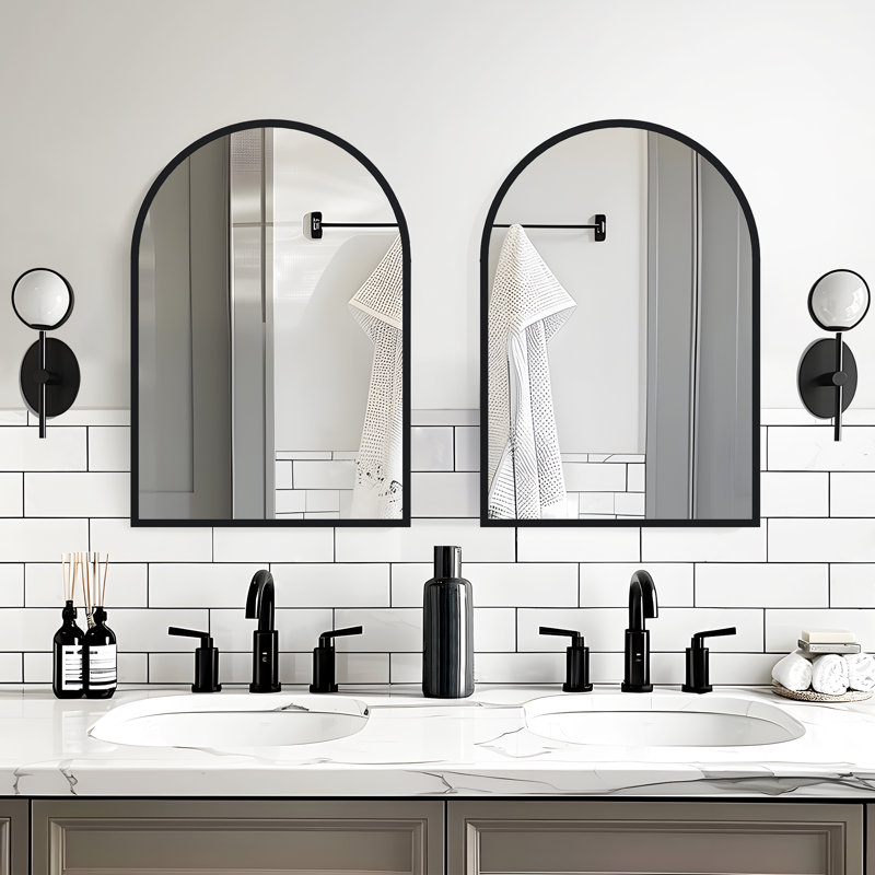 Miroir de salle de bain mural en bois arqué 35 "x 31" Anavaeh (ensemble de 2), Noir, noir, noir, noir