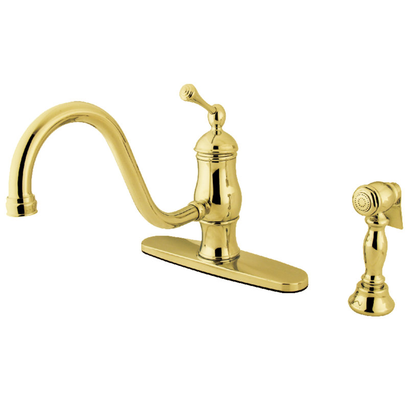 Kingston Brass Heritage Single-Handle 2-or-4 Hole Deck Mount Kitchen Faucet with Side Sprayer, Brass