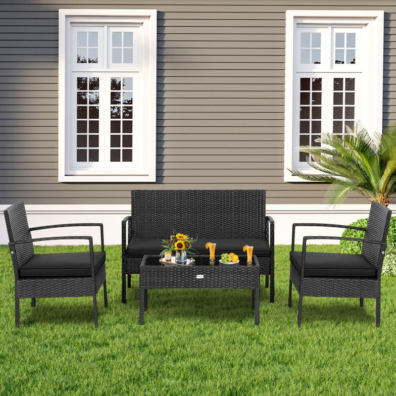 Ashlay 4pcs Rattan Patio Conversation Set Outdoor Wicker Furniture Set W/ Cushions, Black, Black