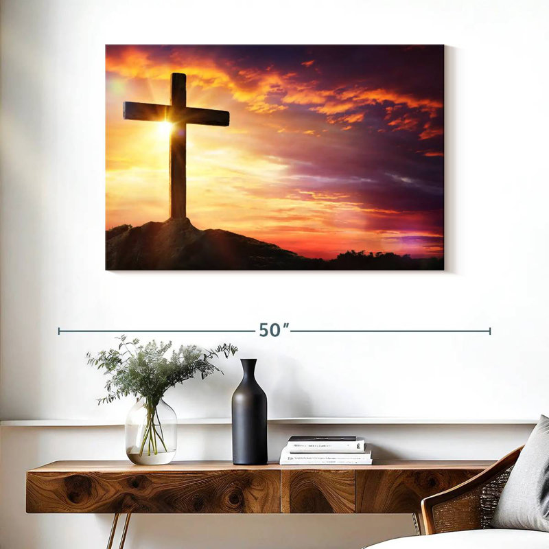 Coucher de soleil avec croix Adella, H 26 po x l 39 po