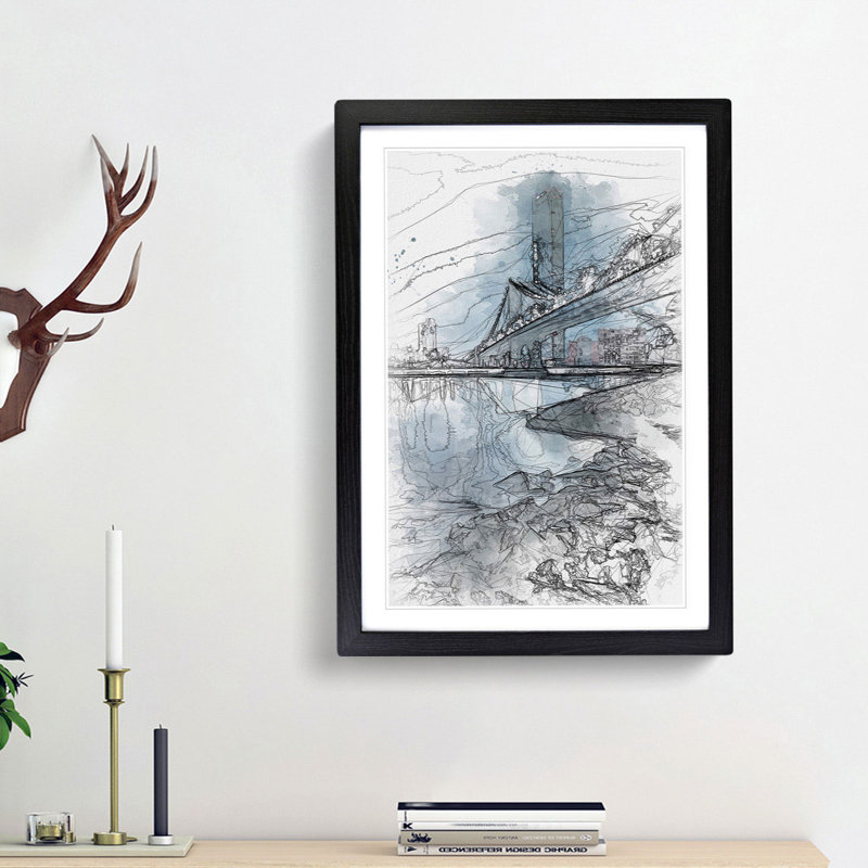 The Brooklyn Bridge in New York in Abstract - Picture Frame Drawing Print, Black Framed, 87cm H x 62cm W x 2cm D