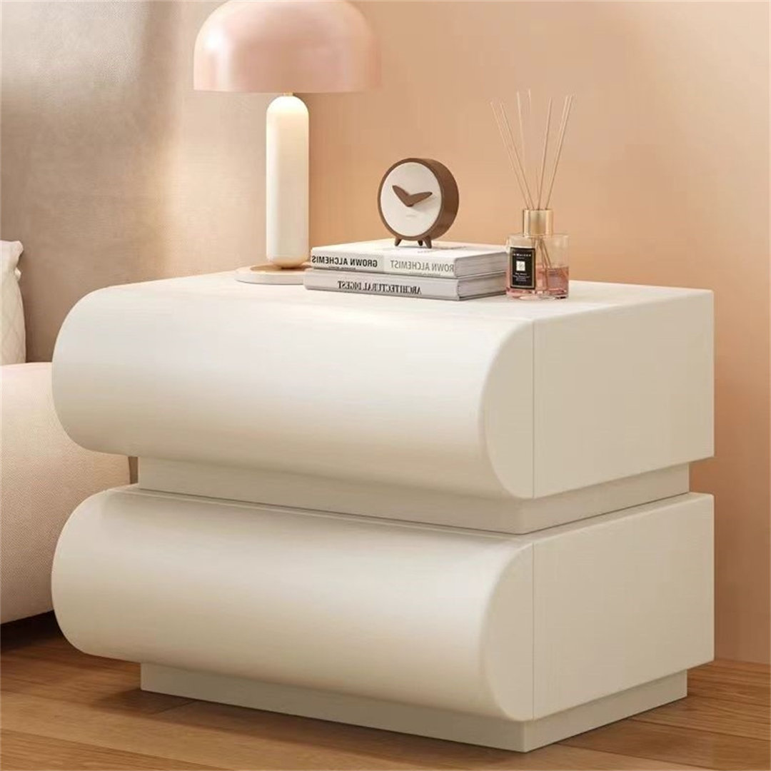 Khamaria 20-inch French light luxury double-drawer cream champagne solid wood bedside table, living room side table (microfiber leather wrapped whole cabinet) Ivy Bronx