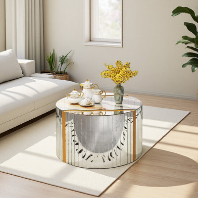 Marble Pattern Sticker Round Coffee Table Cylindrical Silver Mirror With Gold Dust Finish Modern Home Decor Compact Center Table