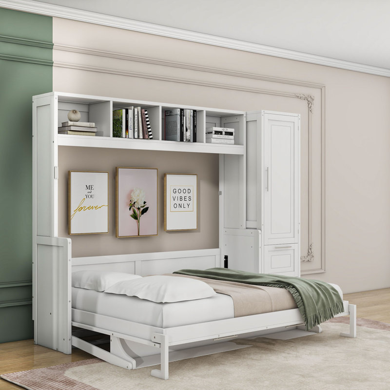 Nodine Wood Murphy Bed with Shelves and Drawers, Queen, White