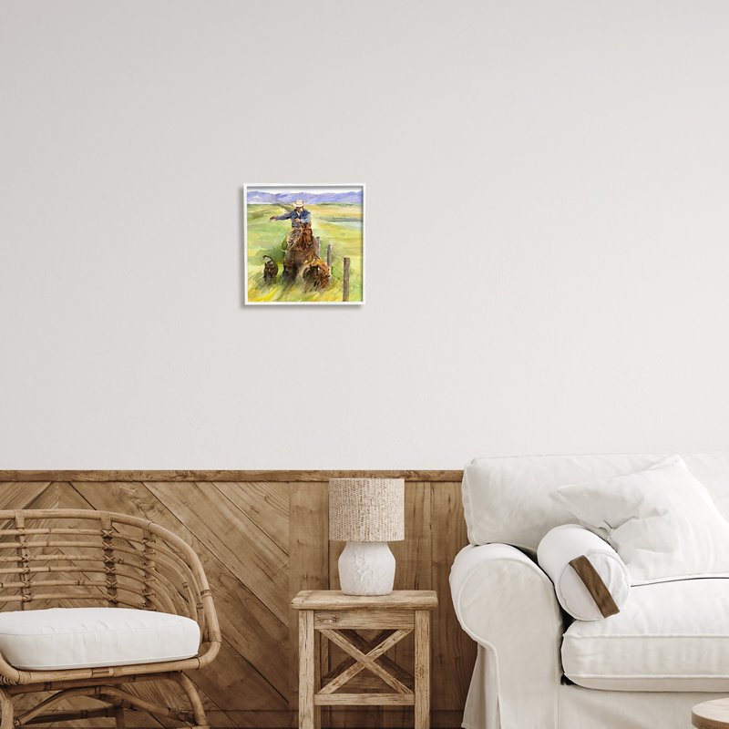 «Cowboy with Bétail Aquarelle» par John Keeling, reproduction d'art sur toile, Estampe numérique encadrée blanc bord de mer