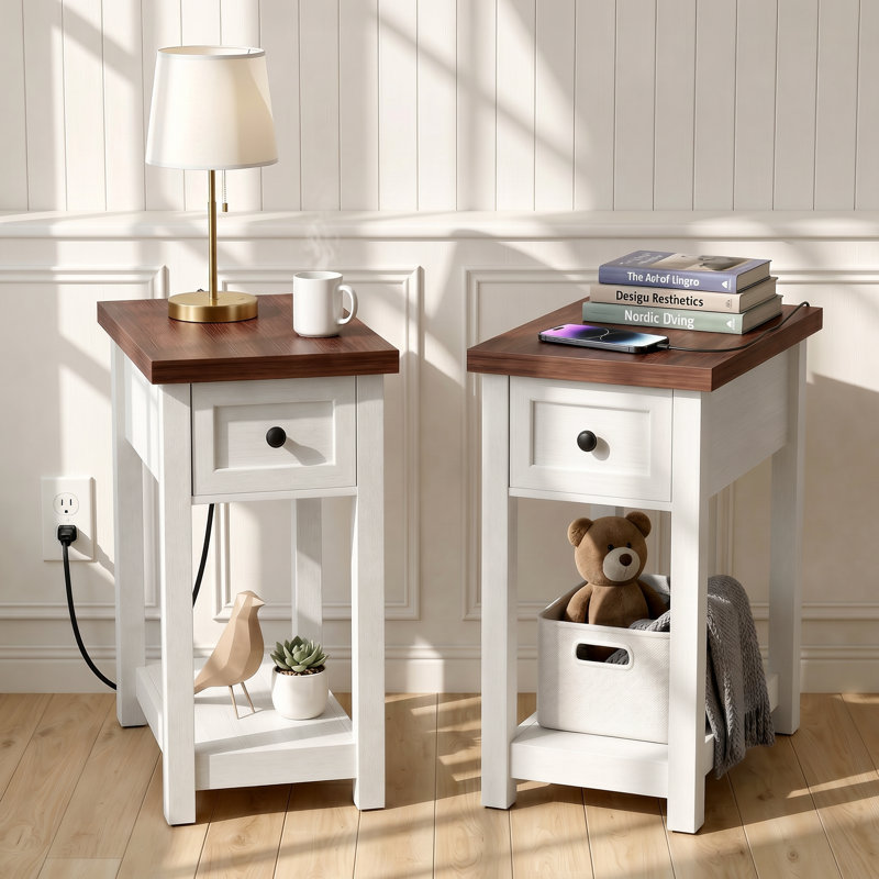 Table d'appoint étroite avec tiroir et tablettes, Blanc/noyer, 2