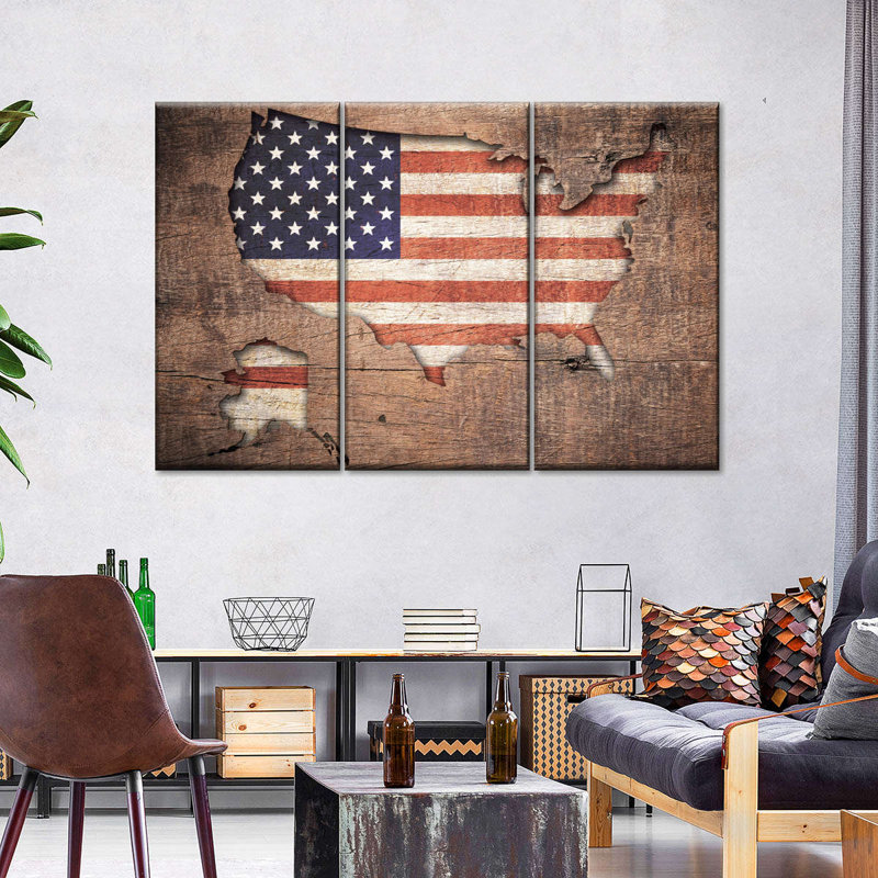 «USA Map Wooden Flag USA Map», reproduction sur toile 3 pièces par Jorge S, H 24 po x l 38 po x P 1,25 po