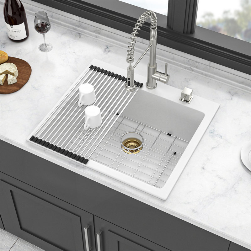 Évier de cuisine en quartz - Évier de cuisine à simple cuve en granite blanc encastrable 25 x 22 po x 9,65 po Quartz