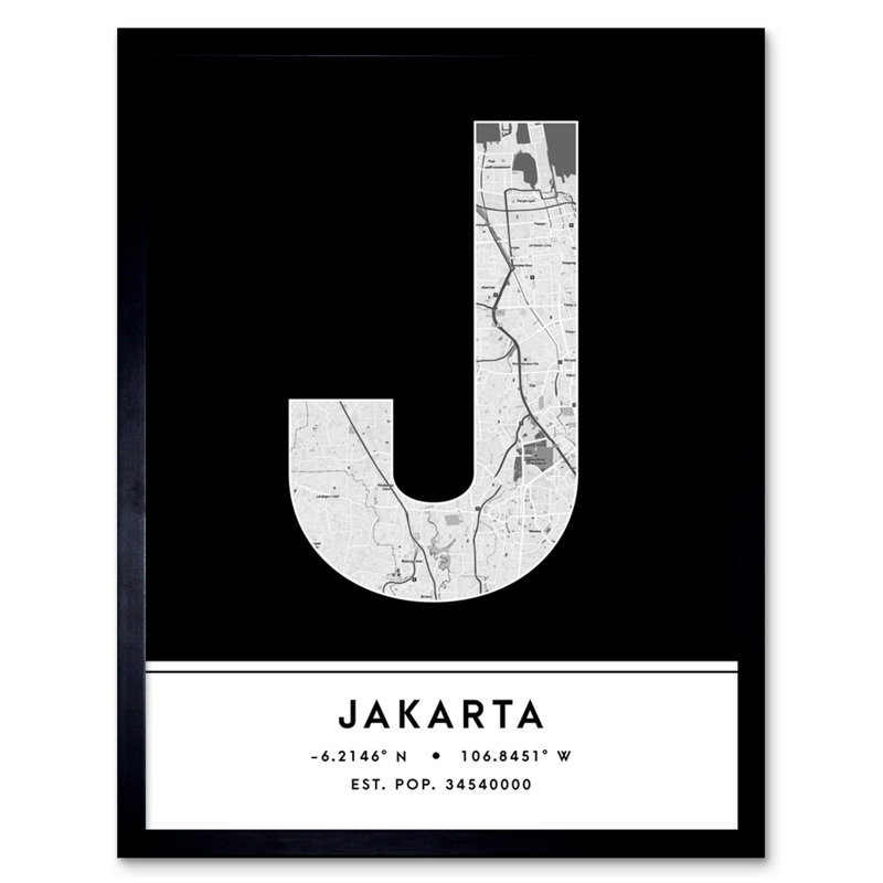Jakarta City Map Jakarta Black & White by Wee Blue Coo - Single Picture Frame Typography