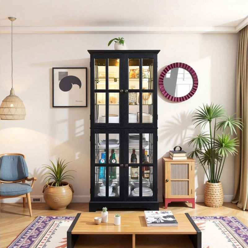 Large 4 Door Glass Display Cabinet With Light Bulb Included - Antique Vintage Bookshelf Adjustable Shelves, Black