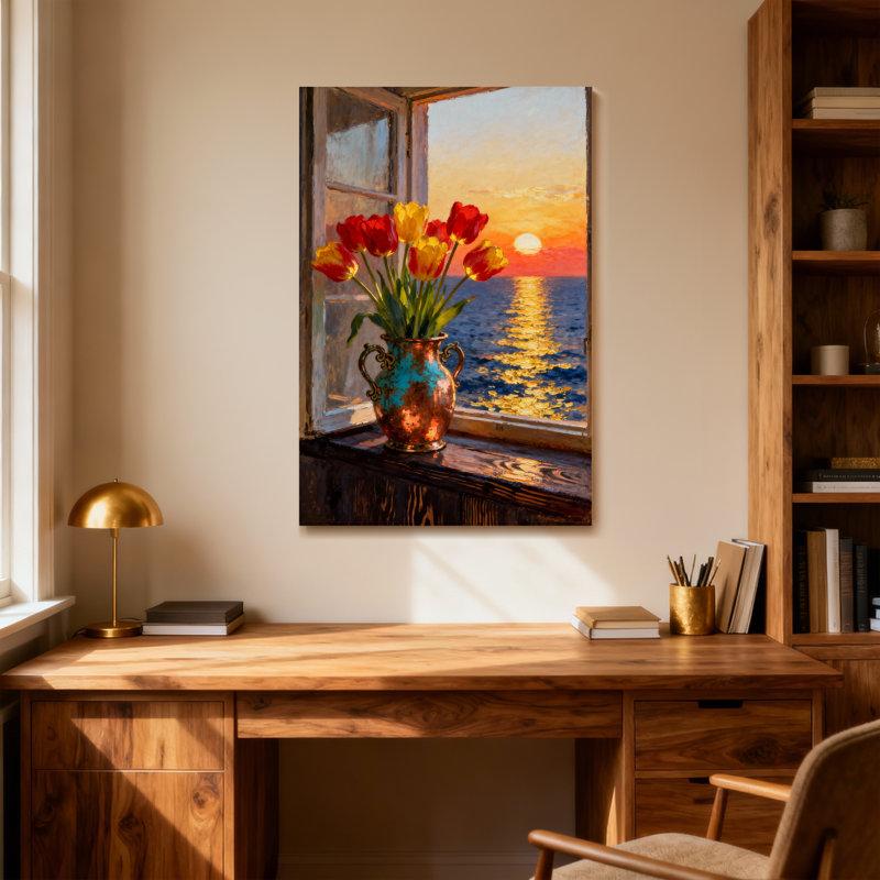 Plantes et fleurs, coucher de soleil, vue sur l'océan, tulipes dans un vase, H 12 po x l 18 po