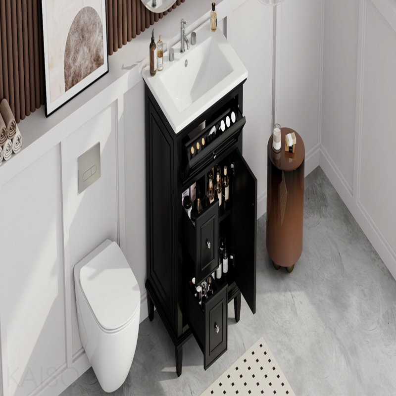 Meuble-lavabo 24 po avec lavabo, meuble-lavabo avec un tiroir rabattable et deux tiroirs, tablette réglable, bois massif et panneau de fibres à densité moyenne, noir
