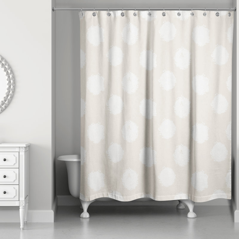 Cream and White Polka Dot Fabric Shower Curtain with Liner
