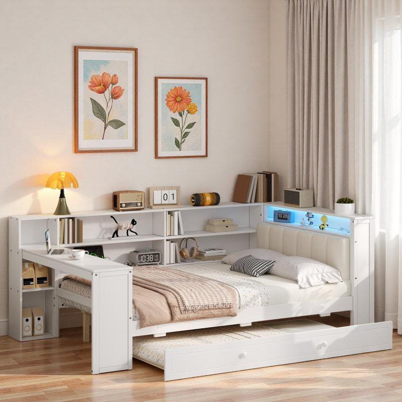 Wood Platform Bed With Storage Shelves, Trundle, Charging Station, Led, Desk And Upholstered Headboard, White