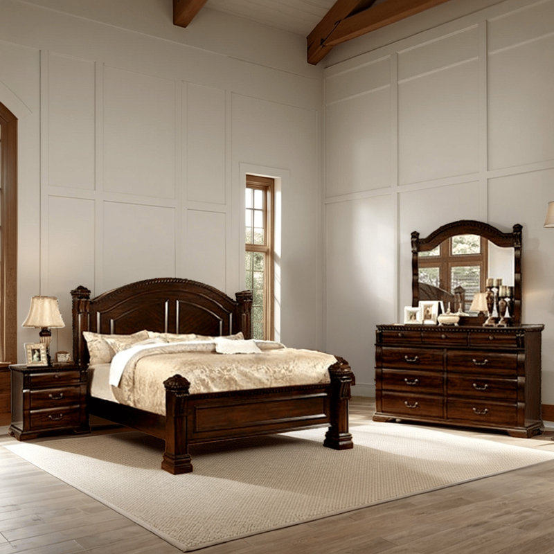 Ensemble de chambre à coucher 4 pièces Koi, garniture complexe, poteau, bois brun cerise, Grand