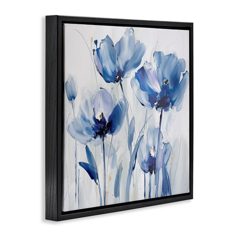 "Blue Abstract Blooms", art mural encadré par Sasha, Cadre flottant noir de jais, H 18 po x l 18 po