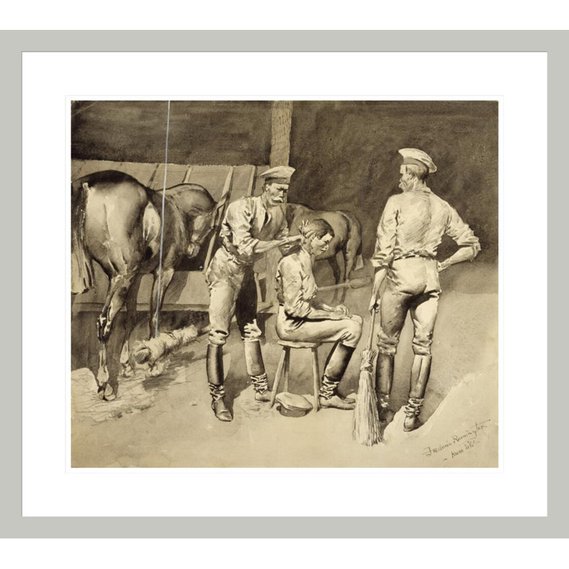 «A Haircut in a Cavalry Stable» par Frederic Remington, impression giclée sur cadre, 23.5" H x 26.3" W