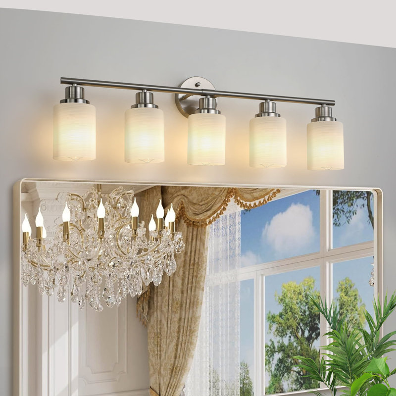 Modern Vanity Fixture With Frosted Glass, Dimmable Bathroom Wall Sconce, 5 Lights, Chrome
