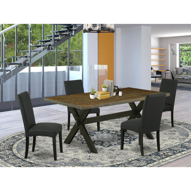 5 Piece Dining Room Table Set Includes a Rectangle Dining Table with X-Legs and 4 Black Color Linen Fabric Upholstered Chairs, Multi-Color