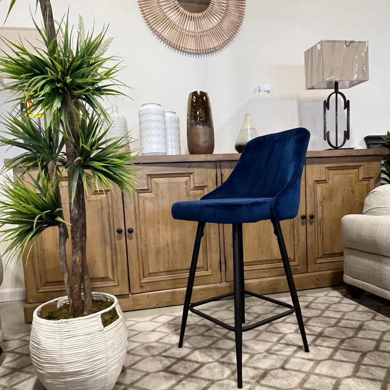 Courtdale Upholstered Counter Stool, Velvet-Blue, Black
