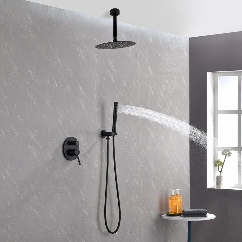Système de douche à pluie de 12 pouces en laiton inoxydable 1 pièce Système de douche noir mat monté au plafond