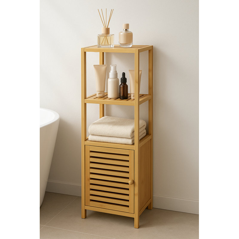 Ottley Freestanding Bamboo Bathroom Storage Cabinet, 3-Tier Open Shelf with Slatted Door, 43.3" Tall