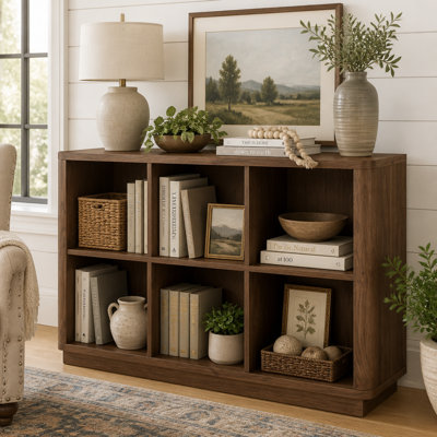 Bibliothèque à 6 cubes, bibliothèque horizontale de 40 po de large avec bordure incurvée, bibliothèque à 2 niveaux avec base en bois, base courte pour chambre à coucher, salon, bureau, noyer