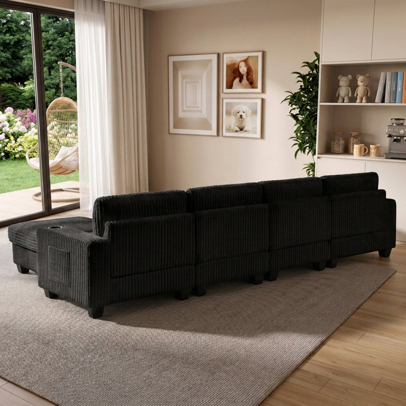 Canapé modulaire en L avec repose-pieds détachable, poches de rangement et porte-gobelets en forme de L, coussins lombaires inclus