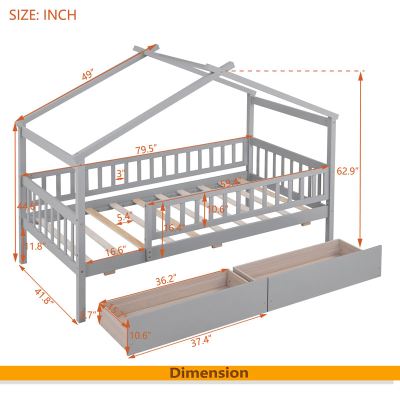 Lit simple en bois avec deux tiroirs, Gris