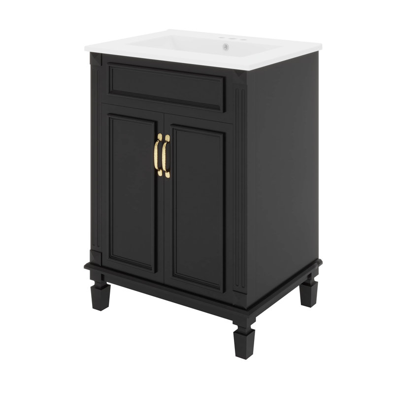 24 Inch Bathroom Vanity With Sink,Modern Bathroom Vanity With 2 Tier Storage Cabinet, Black, Gold