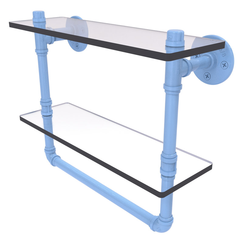 Double tablette en verre avec barre à serviettes P, H 13,2 po x l 16 po x P 5,6 po, Bleu troll plat
