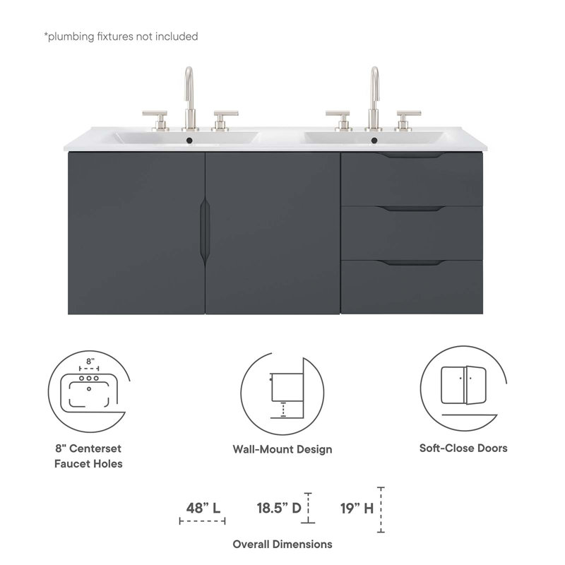  Vitality 48" Double Sink Bathroom Vanity, Gray, White