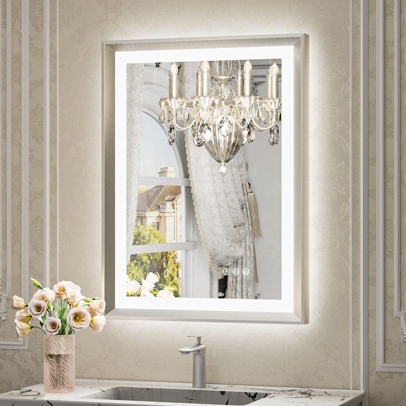Miroir de salle de bain à DEL New Rockford, 28 po x 20 po, Rectangulaire, Nickel brossé