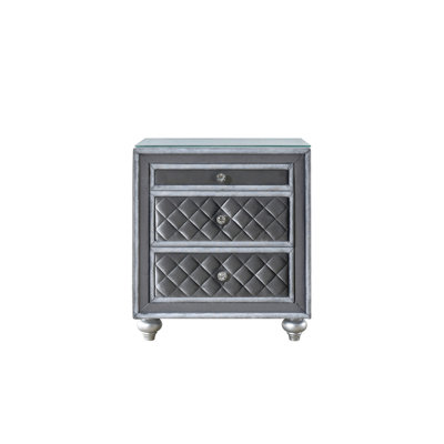 1pc Glam 3-Drawer Nightstand Velvet Tufted Drawer Front Jewelry Tray Faux Crystal Drawer Knobs