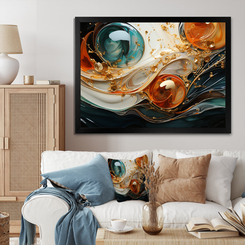 Orange et vagues ondulées oranges, Melody V - art mural abstrait, Cadre d'angle fermé noir, H 12 po x l 20 po x P 1 po