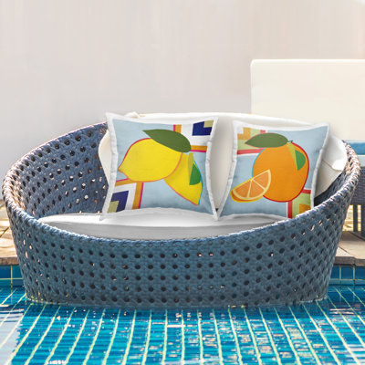 Geometric Citrus Fruit 2 Piece Outdoor Printed Pillow Set, design by Daniela Santiago