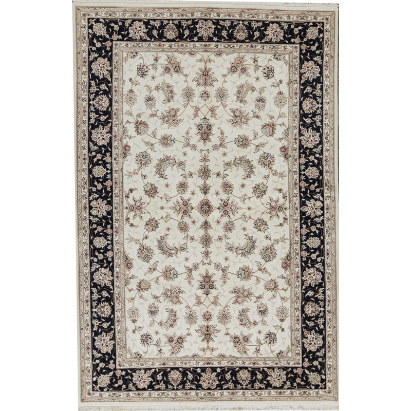 Tapis ivoire et bleu marine noué à la main de haute qualité