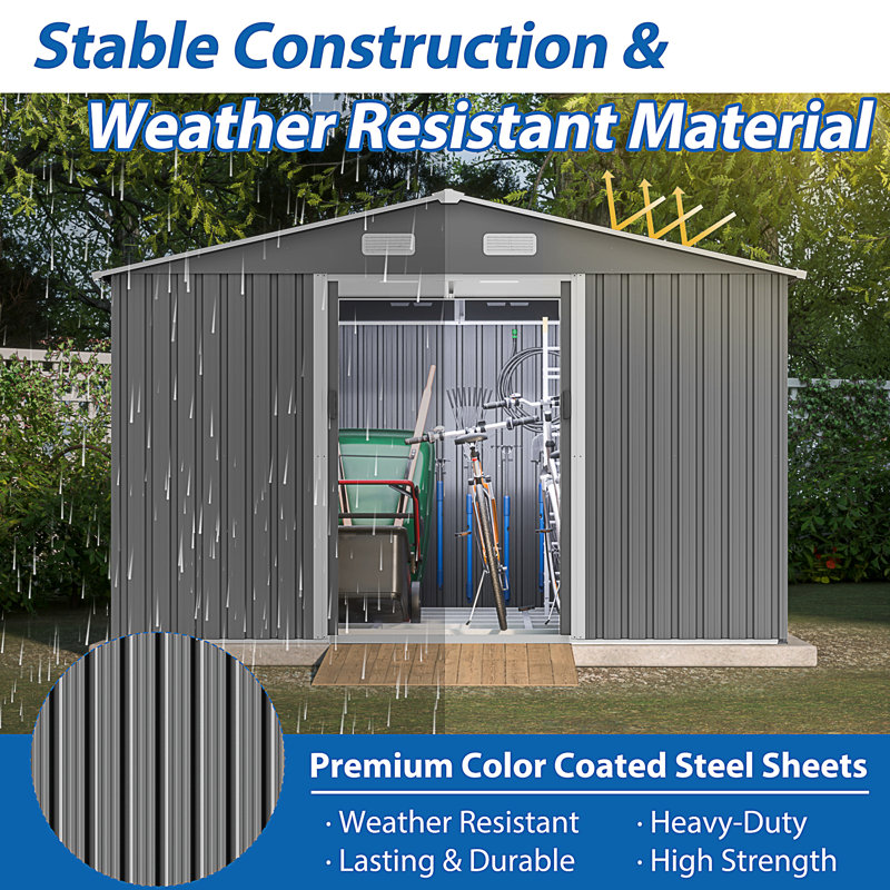 10X8 FT Outdoor Tool Storage Shed With Metal Foundation & Lockable Doors, Gray, 76.1" H x 119.56" W x 97.24" D