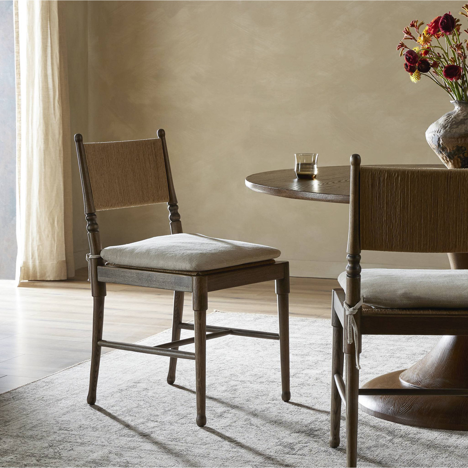 Fayth Dining Chair with Cushion, Dune Linen, Antique Walnut