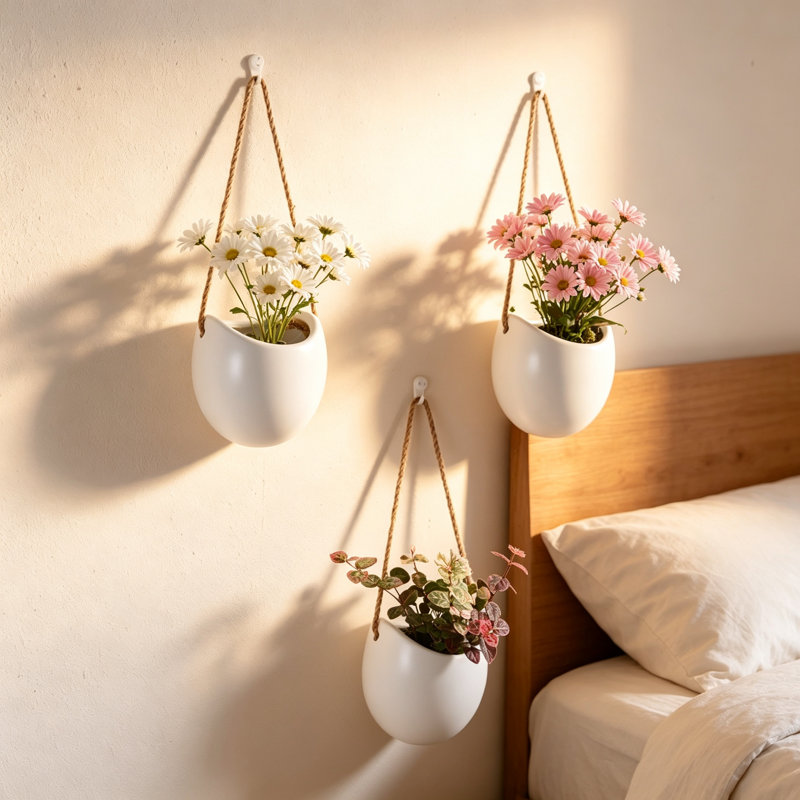 Ensemble de 3 vases muraux en céramique - Pots de fleurs suspendus pour plantes d'intérieur, décoration murale pour hall d'entrée