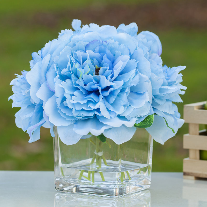Silk Peony Arrangement in Vase, Blue