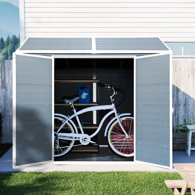 8x6 Ft Waterproof Resin Outdoor Shed - With Floor, 2 Windows, Lockable Door For Garden, Backyard, Patio Gray 6x8 Gray, With Windows & Patio, Garden