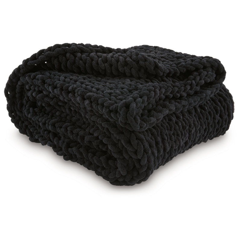 Hand-Knitted Black Chenille Polyester Throw Blanket