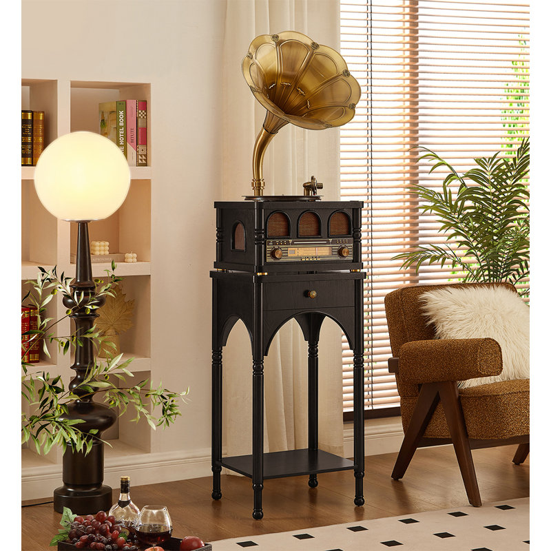 Style français rétro sur pied avec tourne-disque en vinyle Bluetooth, Noir et or