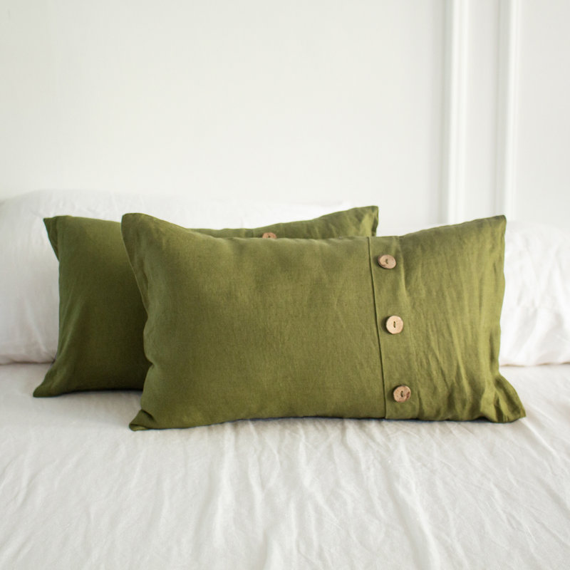 100% Linen Lumbar Pillow Cover 12 X 20 Inch Set Of 2 Rectangular Decorative Pillow Cover With Vintage Triple Coconut Button